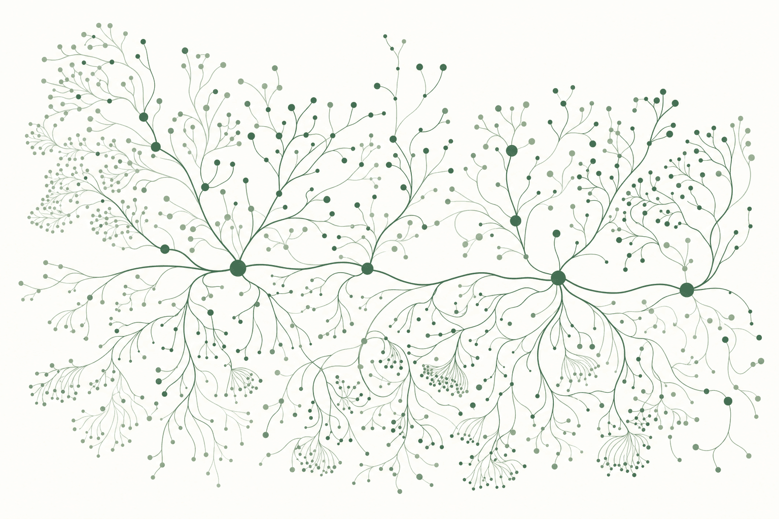 A forest mycelial network at twilight — interconnected roots and bioluminescent points of light